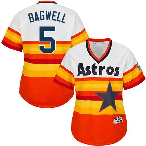 Astros #5 Jeff Bagwell White/Orange Alternate Cooperstown Women's Stitched MLB Jersey - Click Image to Close